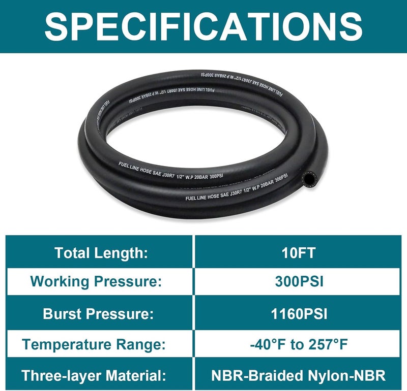 ZONBANG 3/8 Fuel Line, NBR Rubber 3/8 Fuel Hose Nylon Braided with Hose Clamps, Fuel Line Hose for Automotive Vehicles(10FT) - Image 3